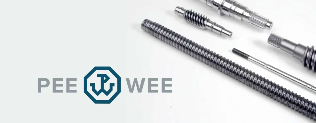 PEE-WEE Logo mit Präzisionsspindeln. Willkommen PE