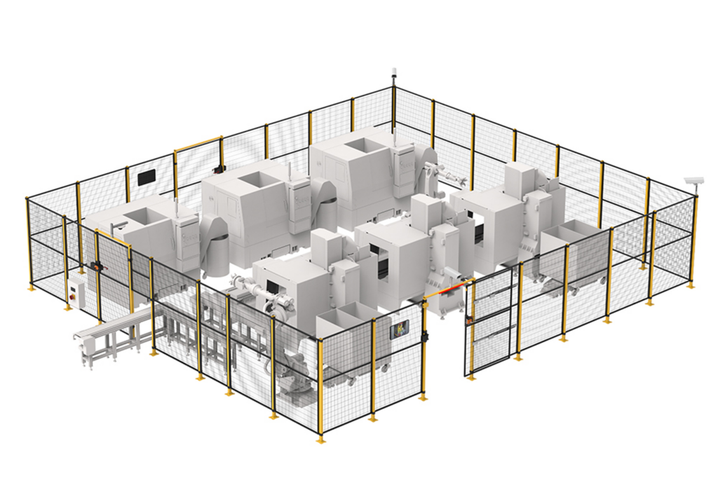 3D-Visualisierung einer Maschineneinhausung mit Sicherheitszaun – SANTENBERG Sicherheitstechnik