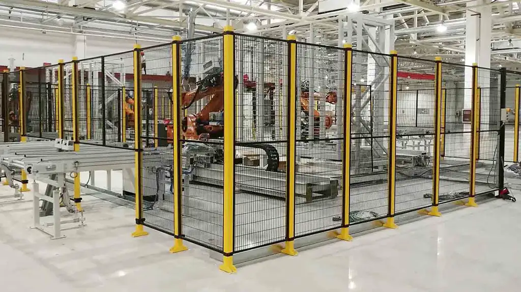 Maschinenschutzzaun mit gelben Eckpfosten um Roboterzelle in der Automatisierung – SANTENBERG Sicherheitstechnik