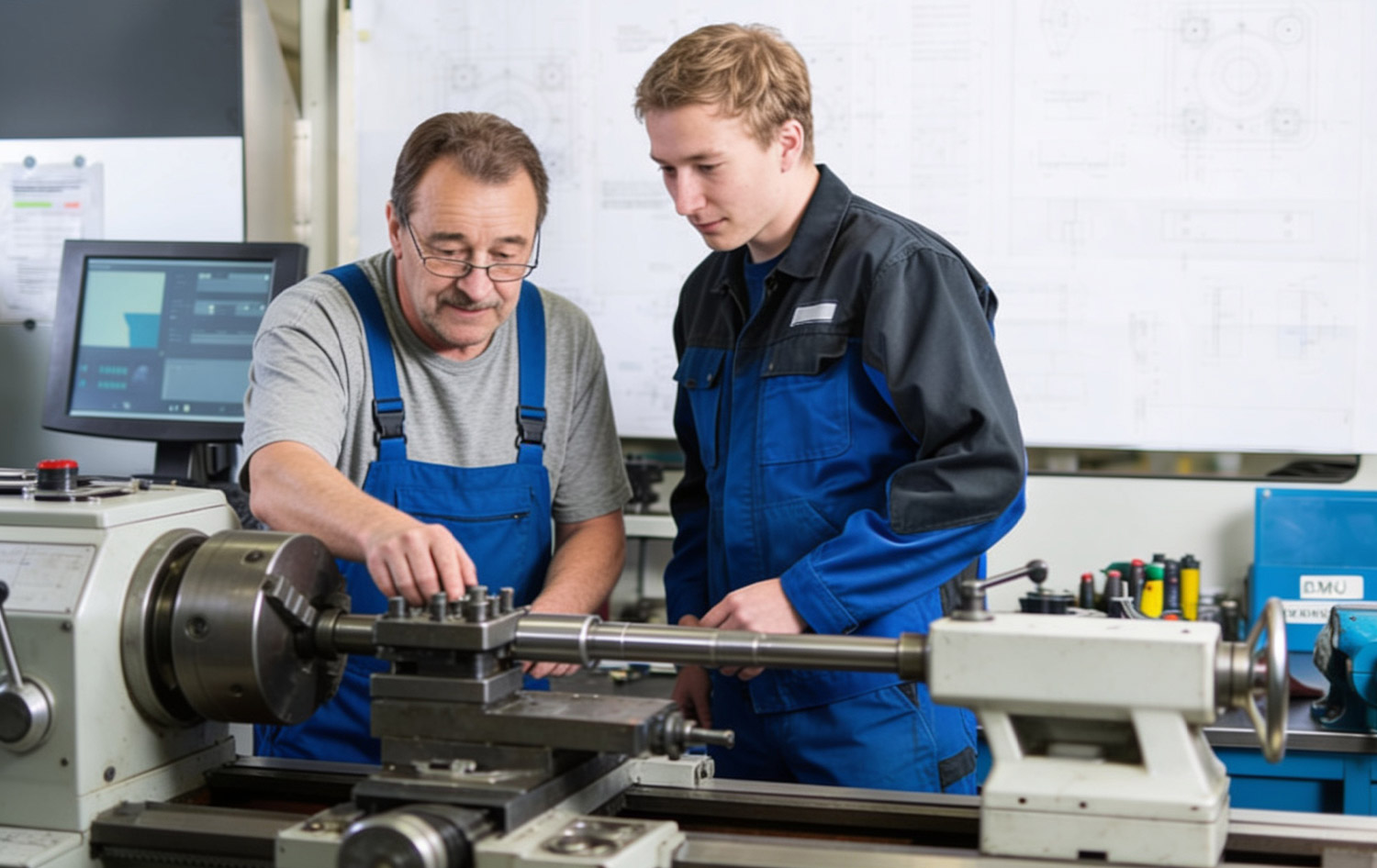 Ausbilder zeigt Auszubildendem die Bedienung einer Drehmaschine – SANTENBERG Ausbildung