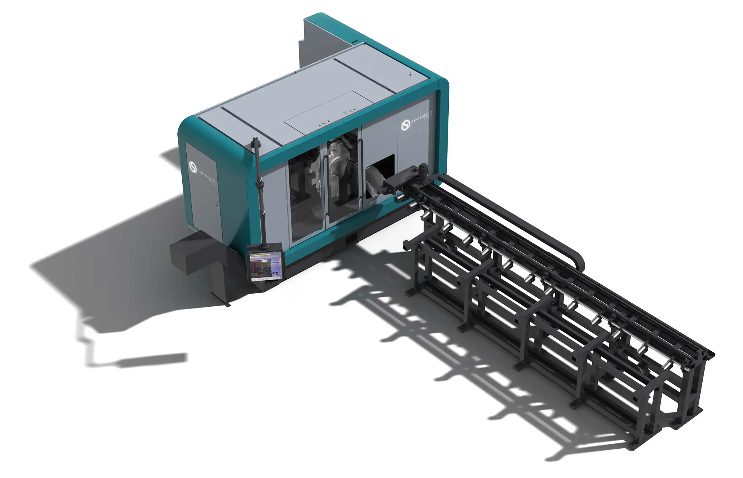 3D-Ansicht der Sägeanlage mit Zuführrollenbahn für Stangenmaterial