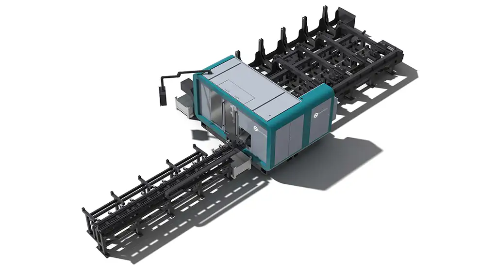 3D-Rendering der SANTENBERG Sägeanlage mit Zuführ- und Bundlader-System