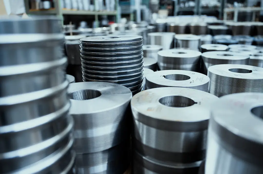 Stahlwalzen und Riemenscheiben in einer Metallverarbeitungsfabrik